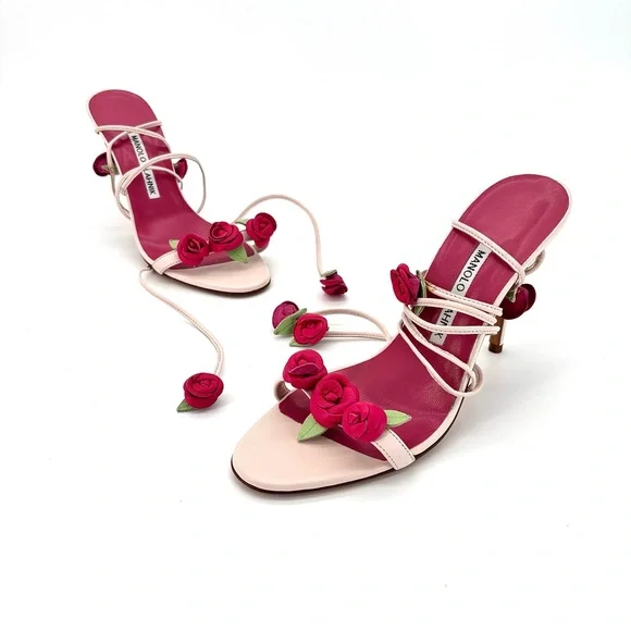 Manolo Blahnik Spring 2016 Xafiore Rose Ankle Strap Sandals 37 - Picture 3 of 14